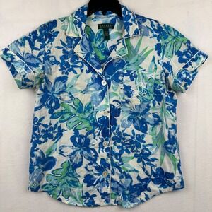 LAUREN Ralph Lauren Floral Pajama Top Short Sleeve Cotton Blue Green‎ White M